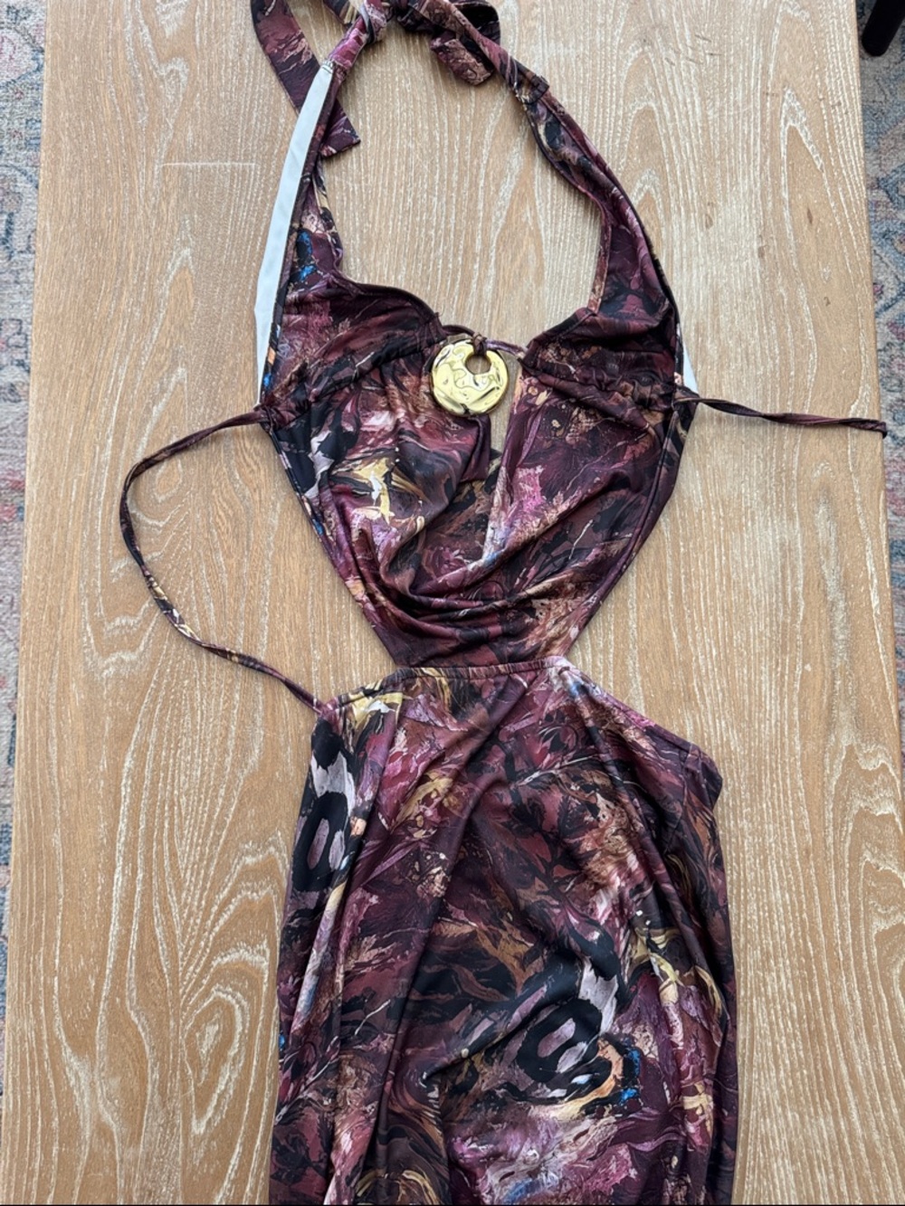 Plum Abstract Print Halter Maxi Dress with Gold Accent